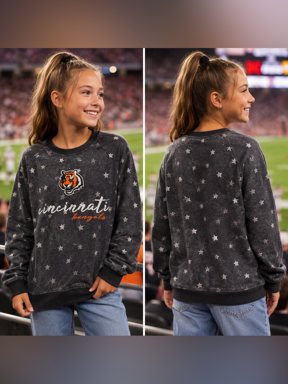 🆕 NWT Wes & Willy Cincinnati Bengals Shimmer Star Sweatshirt Girls L (12) NFL